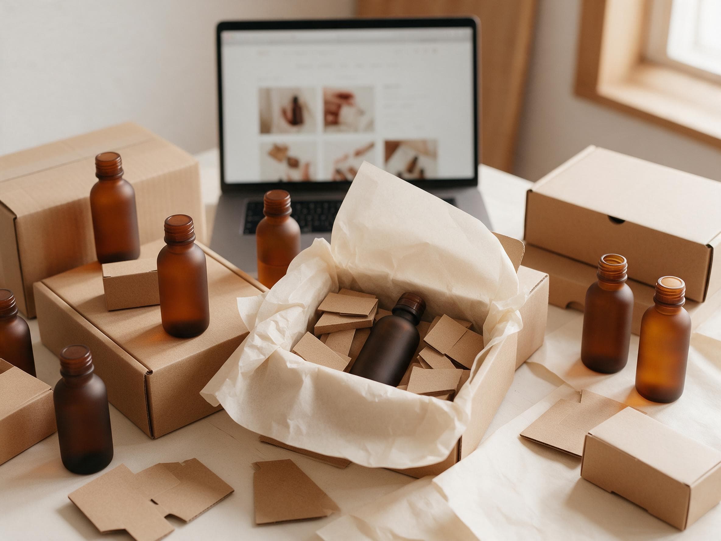 Amber glass bottles and cardboard packaging on a desk, with a shop page open on a laptop