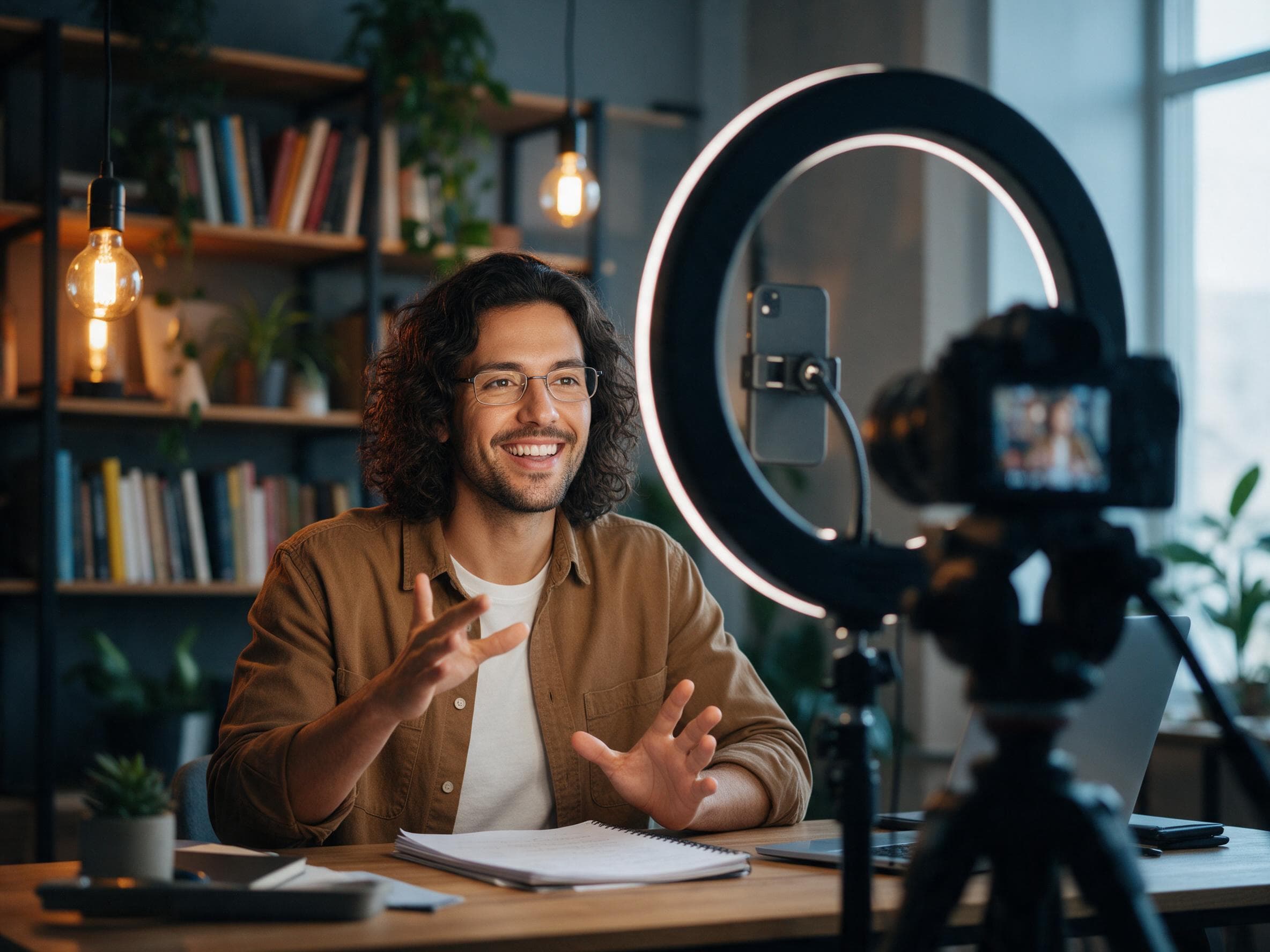 A man talking to a camera between a ring light and a tripod in a home studio