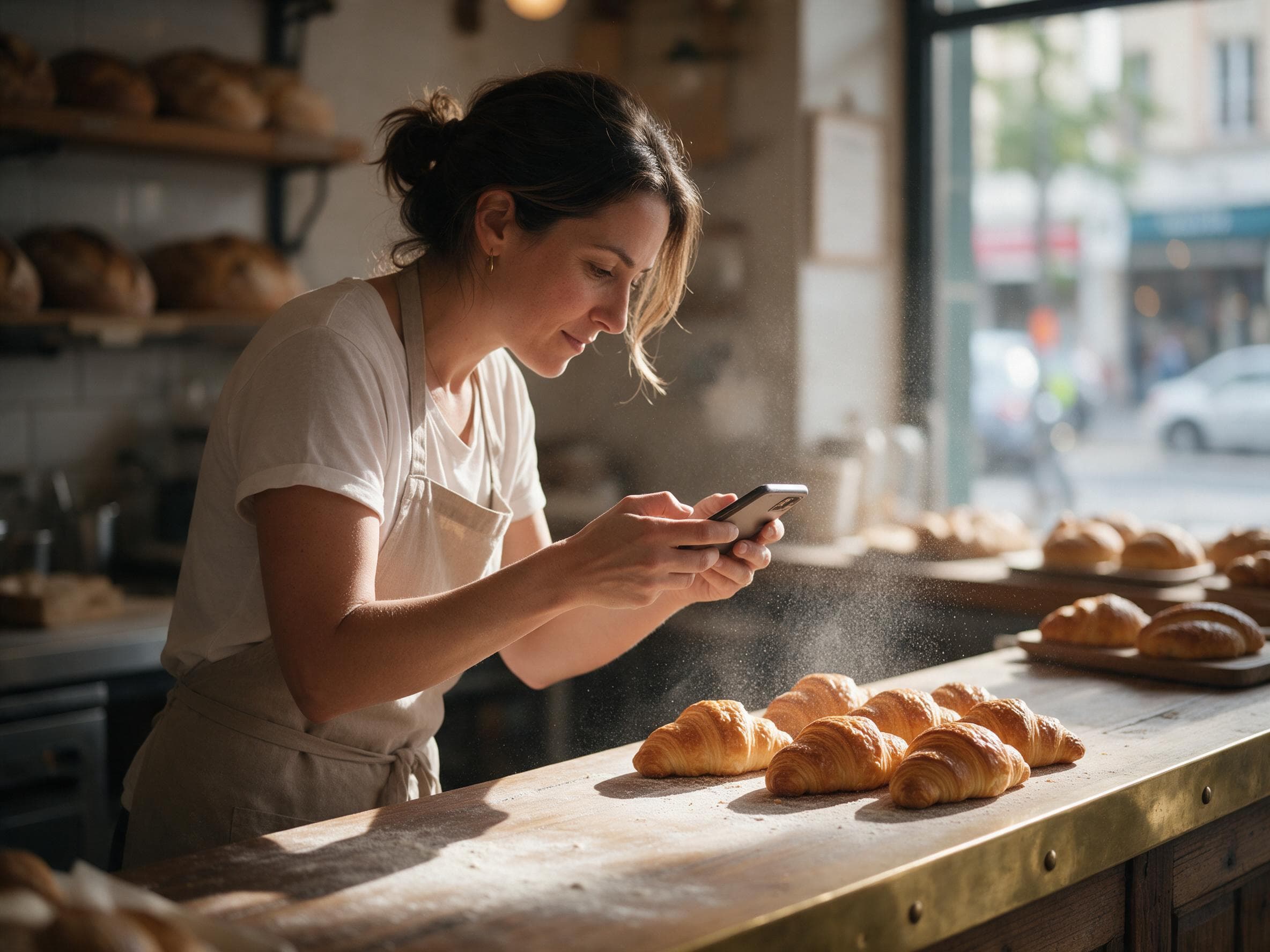 A baker in an apron checking her phone behind a counter of fresh croissants