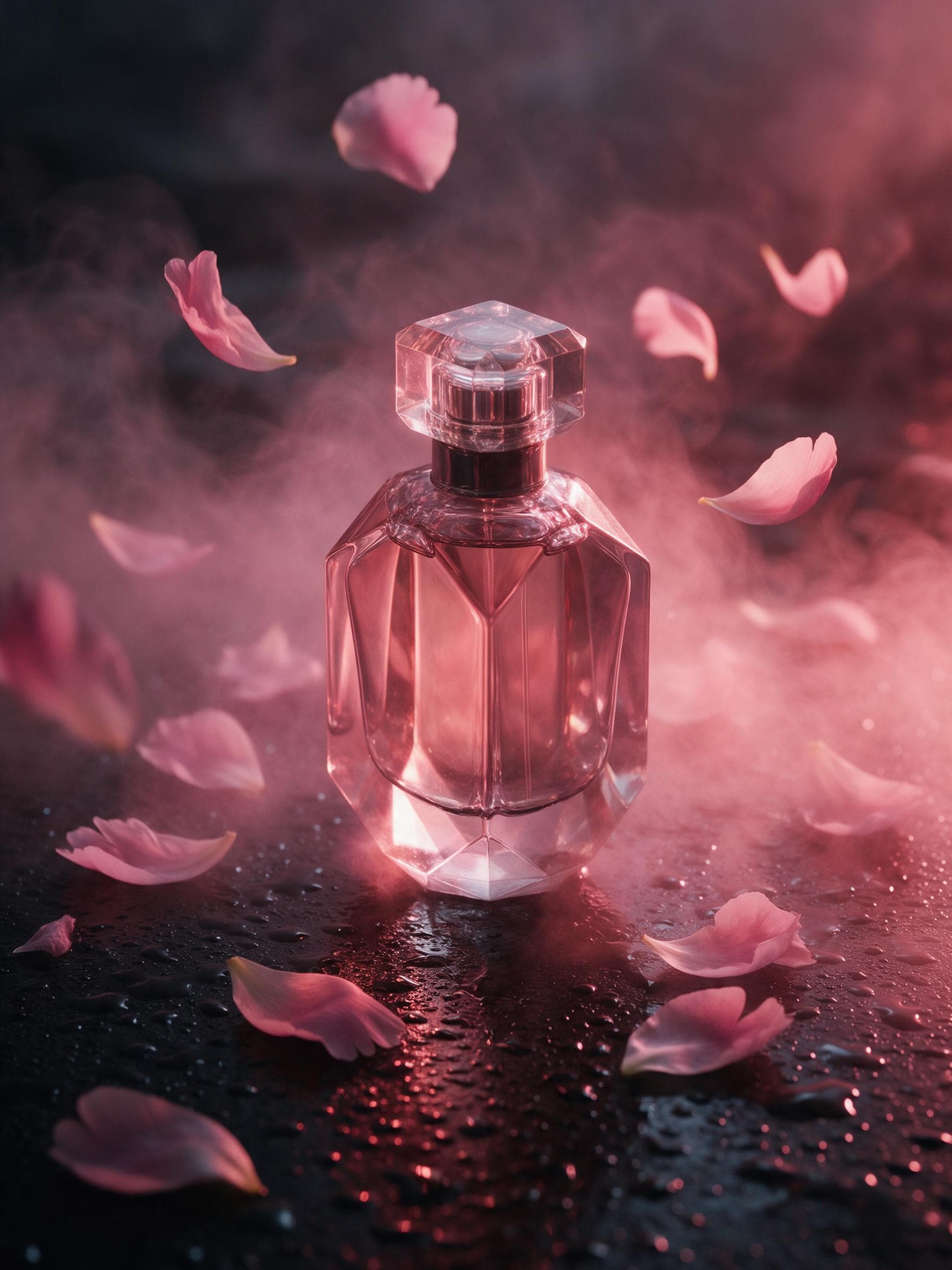 Faceted pink perfume bottle surrounded by falling rose petals on a wet dark surface