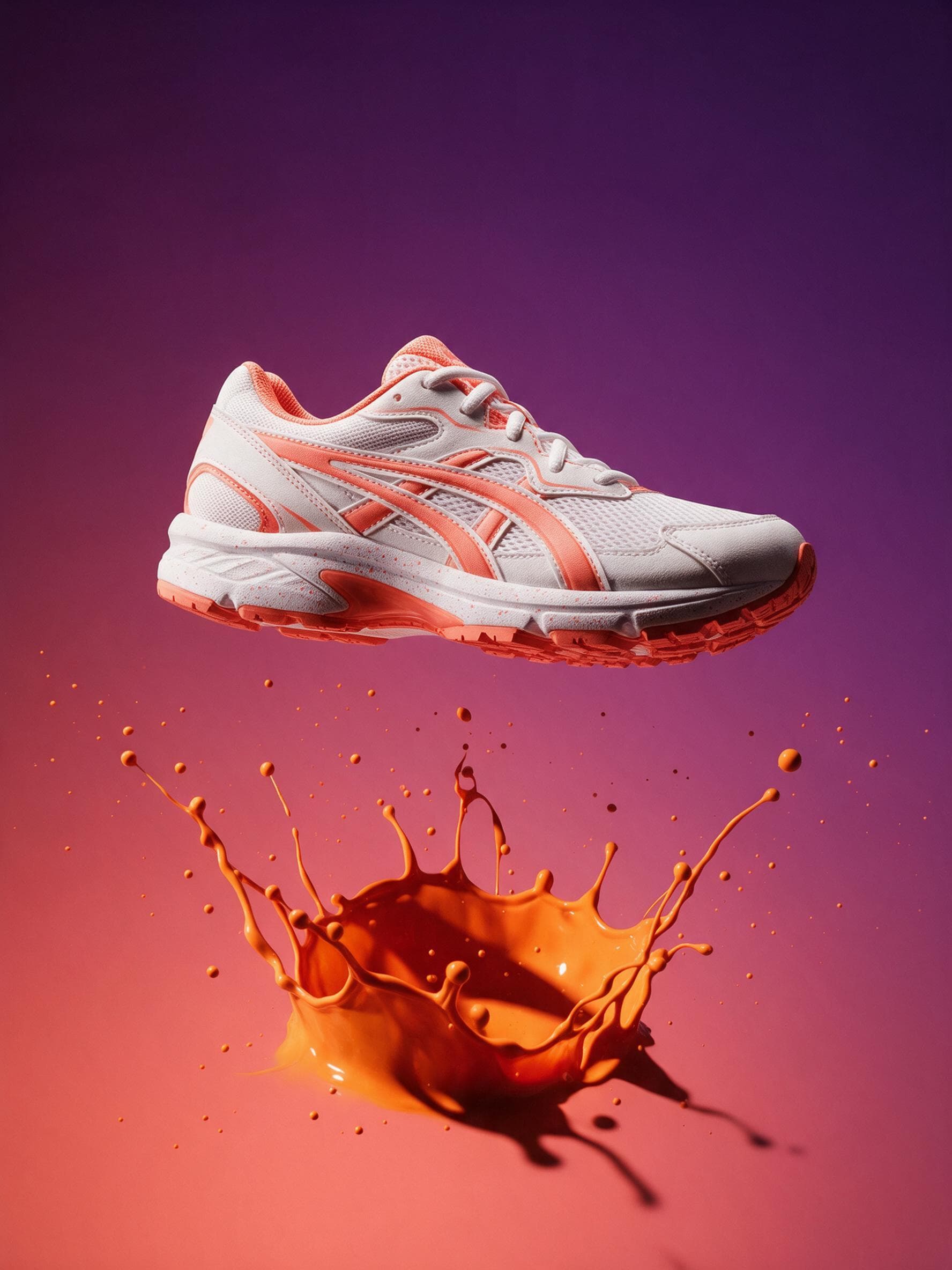 White and coral running shoe floating above a splash of orange liquid on a purple background